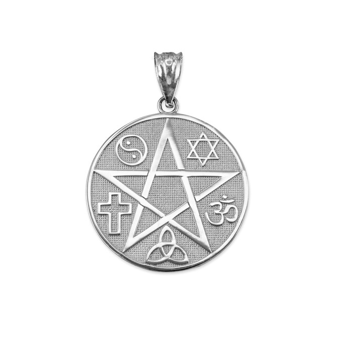 White Gold Multicultural Pentacle Medallion Pendant Necklace