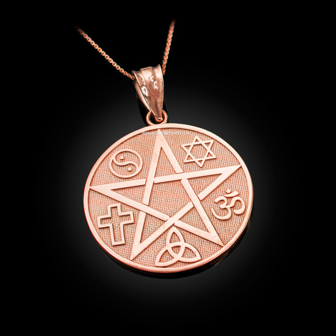 Rose Gold Multicultural Pentacle Medallion Pendant Necklace