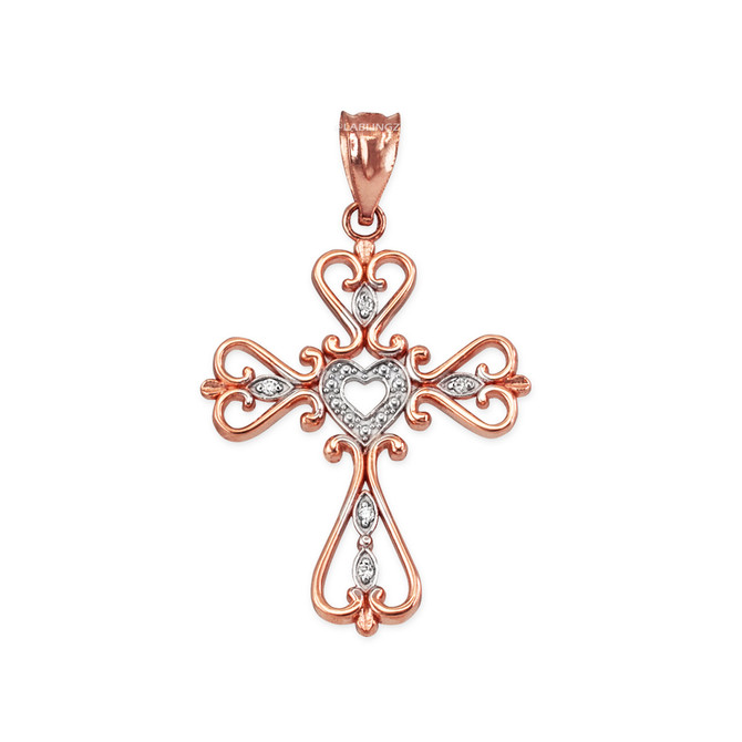 Open Heart Diamond Cross Rose Gold Pendant Necklace