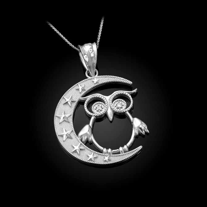 White Gold Night Owl Diamond Pendant Necklace