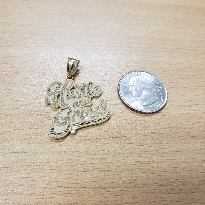 Yellow Gold HUSTLE AND GRIND Hip-Hop DC Pendant