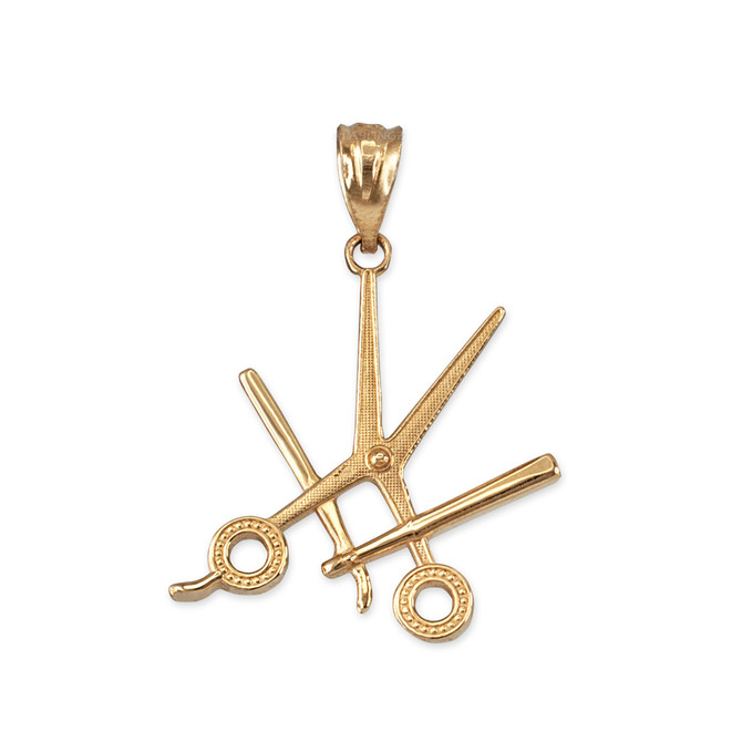 Yellow Gold Barber Shop Scissors Razor Blade Pendant Necklace
