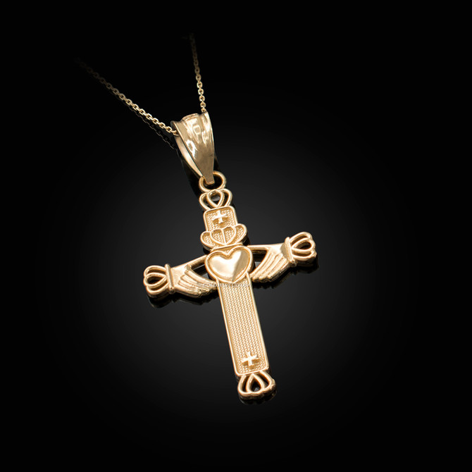 Yellow Gold Irish Claddagh Cross Pendant Necklace