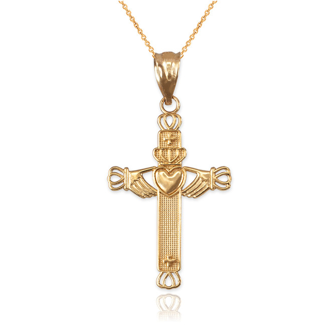 Yellow Gold Irish Claddagh Cross Pendant Necklace