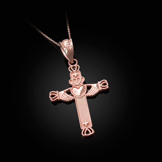 Rose Gold Irish Claddagh Cross Pendant Necklace