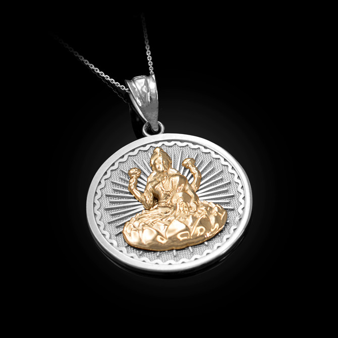Two-Tone White Gold Hindu Goddess Lakshmi (Luxmi) Coin Pendant Necklace