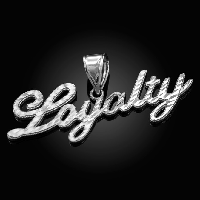 White Gold LOYALTY Script Hip-Hop DC Pendant