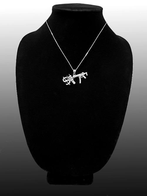 White Gold Dollar Plug Gun Hip Hop Pendant Necklace
