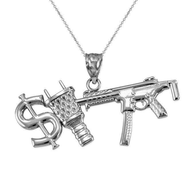 White Gold Dollar Plug Gun Hip Hop Pendant Necklace