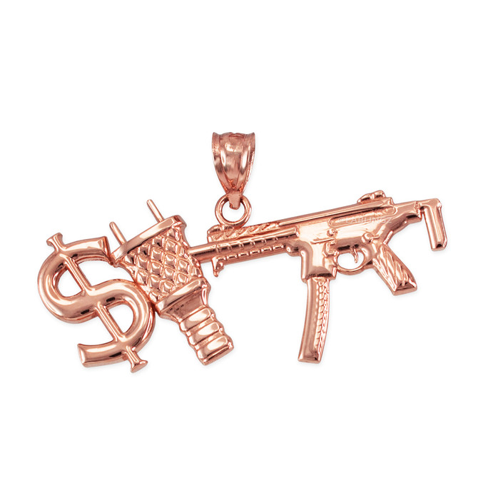 Rose Gold Dollar Plug Gun Hip Hop Pendant Necklace