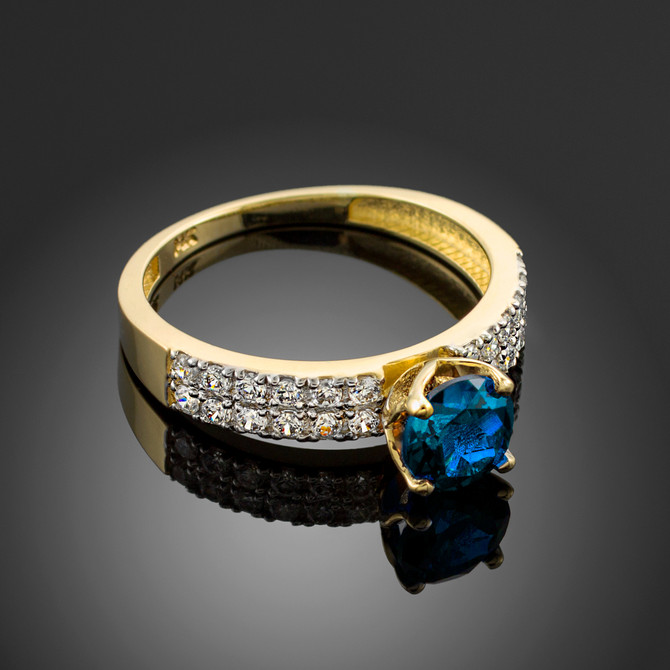 Blue Topaz Gemstone Gold Diamond Pave Engagement Ring
