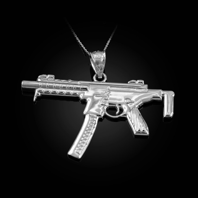 White Gold SMG Gun Pendant Necklace