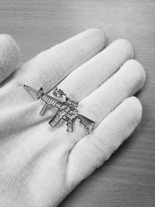 White Gold Assault Rifle Gun Pendant Necklace
