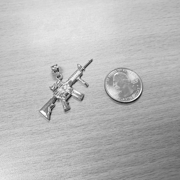 White Gold Assault Rifle Gun Pendant Necklace