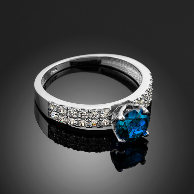 Blue Topaz Gemstone White Gold Diamond Pave Engagement Ring