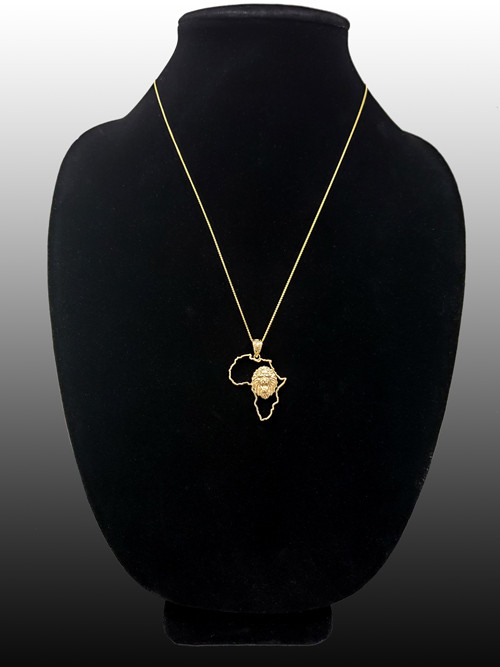 Yellow Gold Africa Map Lion Pendant Necklace