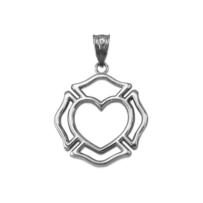 White Gold Firefighter Heart Pendant Necklace