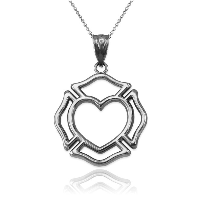 White Gold Firefighter Heart Pendant Necklace