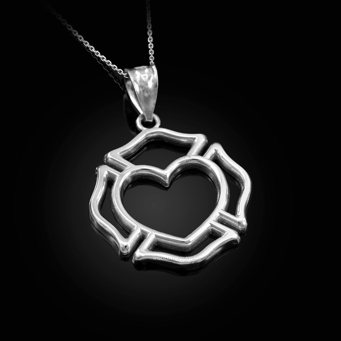 White Gold Firefighter Heart Pendant Necklace