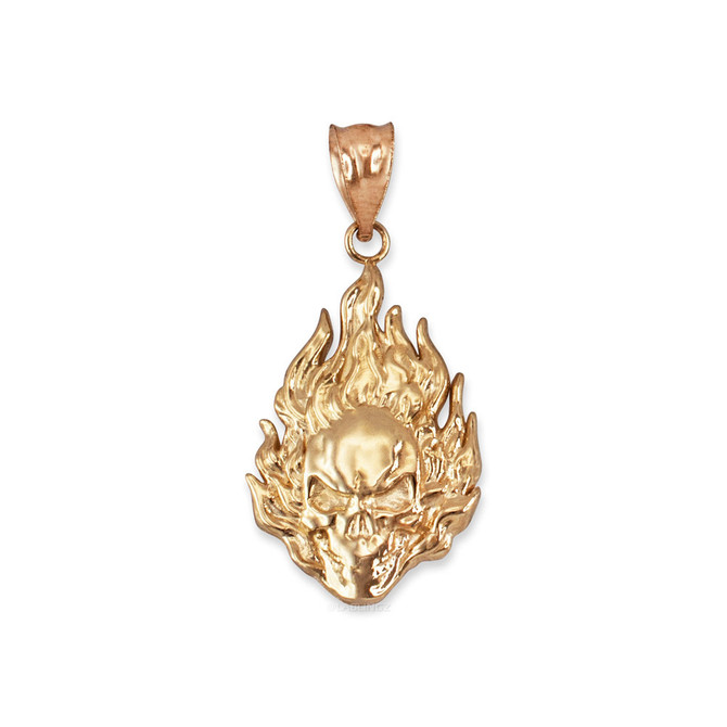 Flaming Skull Yellow Gold Pendant Necklace