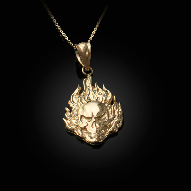 Flaming Skull Yellow Gold Pendant Necklace