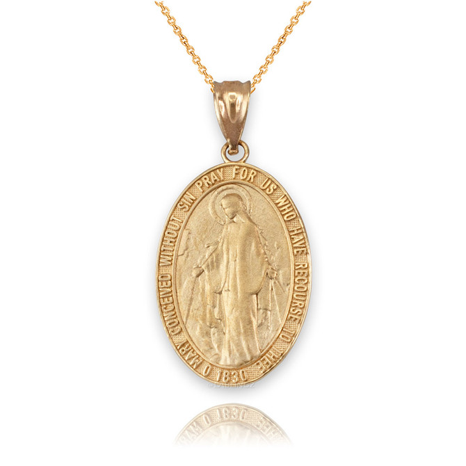 Yellow Gold Virgin Mary Conceived Without Sin Oval Satin Pendant Necklace