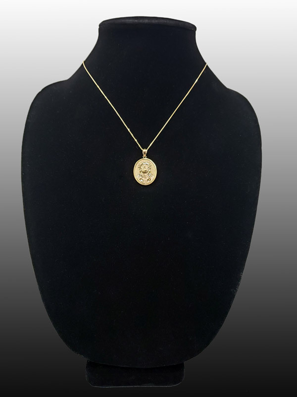 Yellow Gold Jesus Christ Oval Medallion Satin DC Pendant Necklace