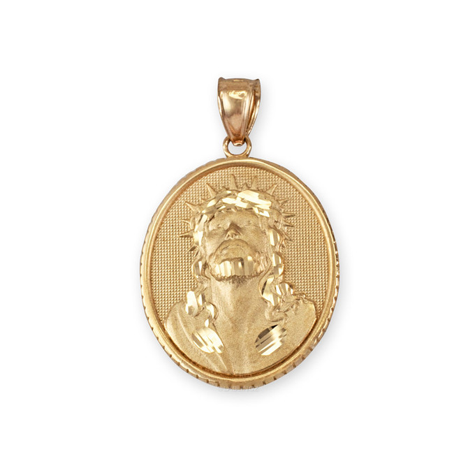 Yellow Gold Jesus Christ Oval Medallion Satin DC Pendant Necklace
