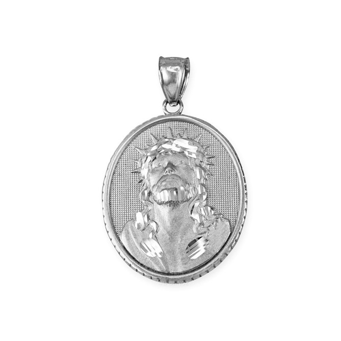 White Gold Jesus Christ Oval Medallion Satin DC Pendant Necklace