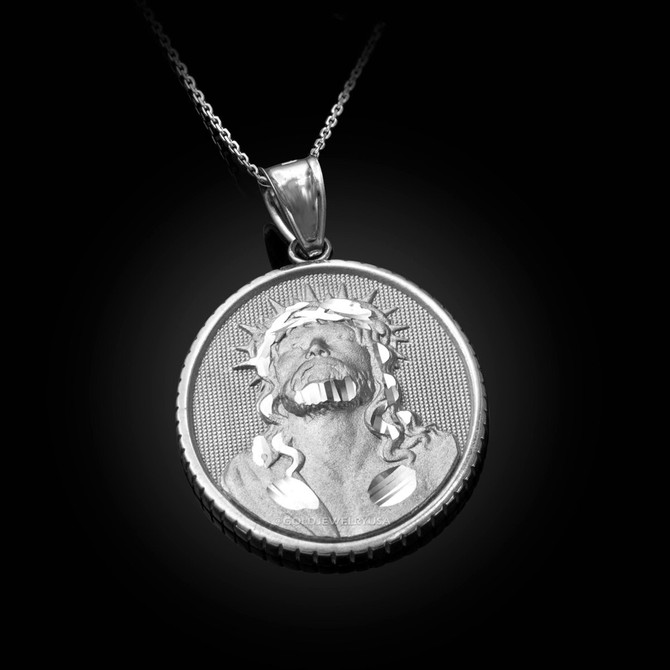 White Gold Jesus Christ Oval Medallion Satin DC Pendant Necklace