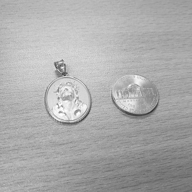 White Gold Jesus Christ Oval Medallion Satin DC Pendant Necklace