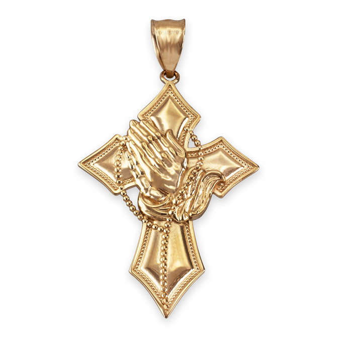 Yellow Gold Praying Hands Catholic Cross Pendant