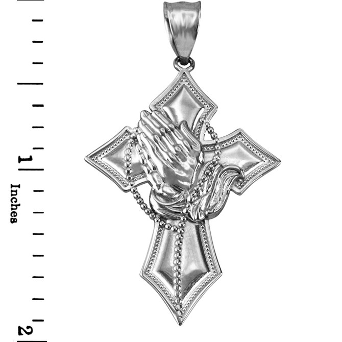 White Gold Praying Hands Catholic Cross Pendant