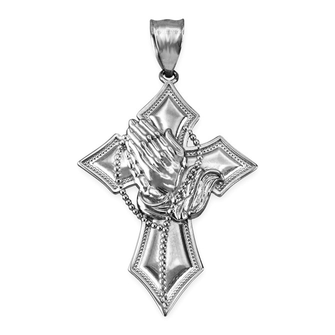 White Gold Praying Hands Catholic Cross Pendant