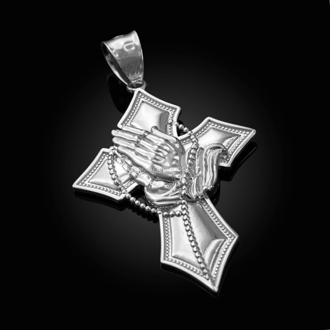 White Gold Praying Hands Catholic Cross Pendant