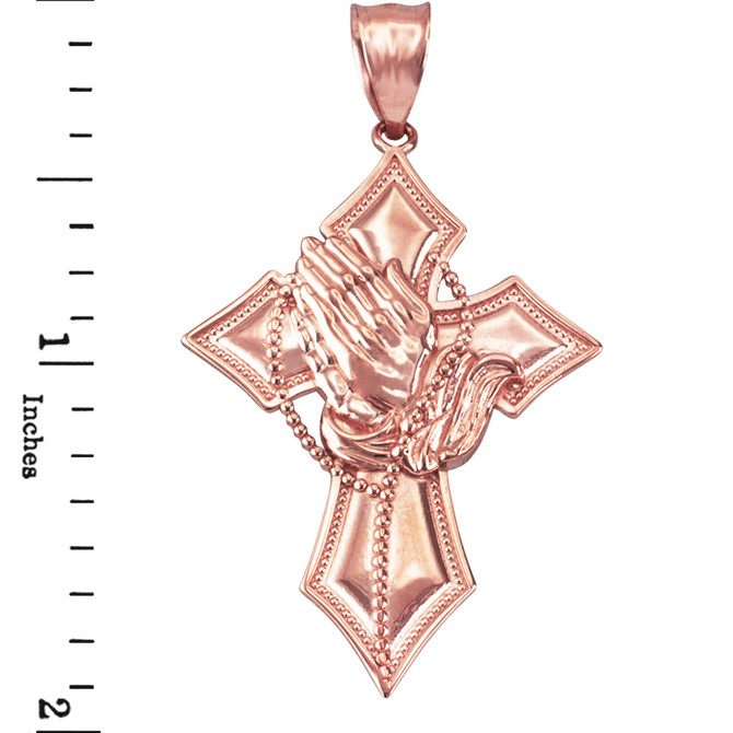 Rose Gold Praying Hands Catholic Cross Pendant