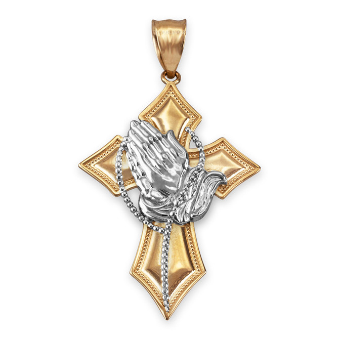 Two-Tone Yellow Gold Praying Hands Catholic Cross Pendant