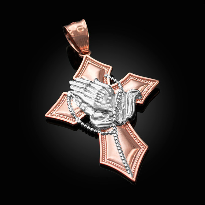Two-Tone Rose Gold Praying Hands Catholic Cross Pendant
