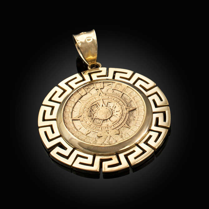 Yellow Gold Aztec Bezel Mayan Sun Calendar Pendant