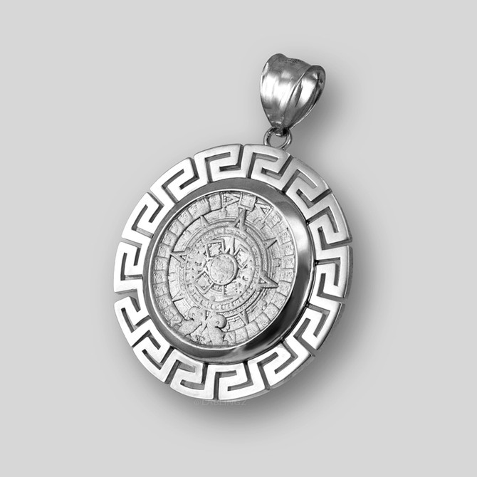 White Gold Aztec Bezel Mayan Sun Calendar Pendant