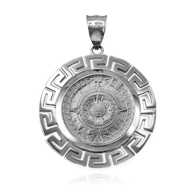White Gold Aztec Bezel Mayan Sun Calendar Pendant