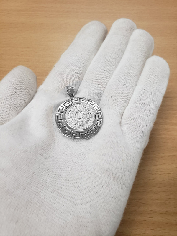 White Gold Aztec Bezel Mayan Sun Calendar Pendant