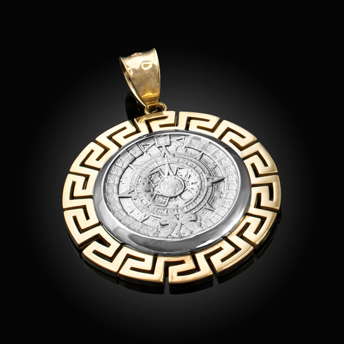 Two-Tone Yellow Gold Aztec Bezel Mayan Sun Calendar Pendant