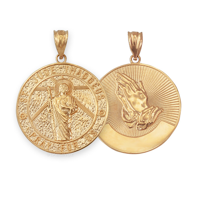 Yellow Gold St. Jude Reversible Pray Medal Pendant Necklace