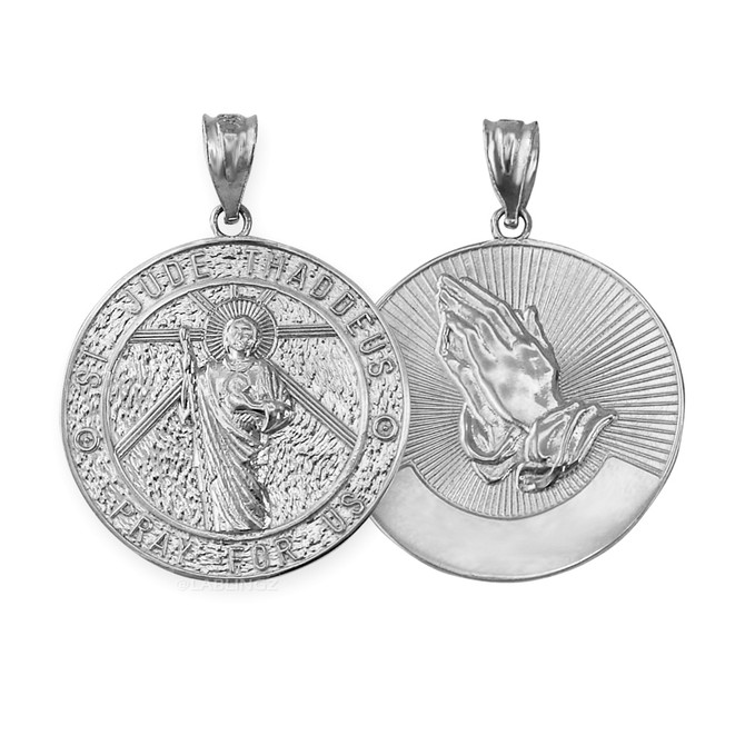 White Gold St. Jude Reversible Pray Medal Pendant Necklace