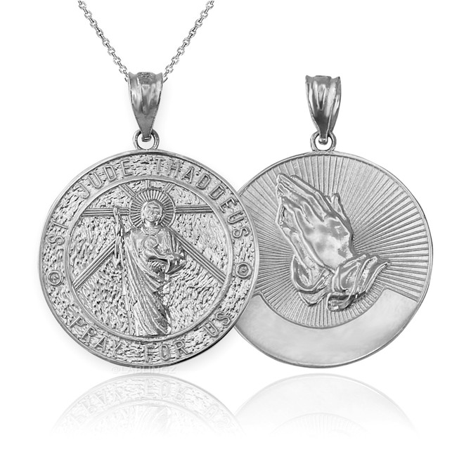 White Gold St. Jude Reversible Pray Medal Pendant Necklace
