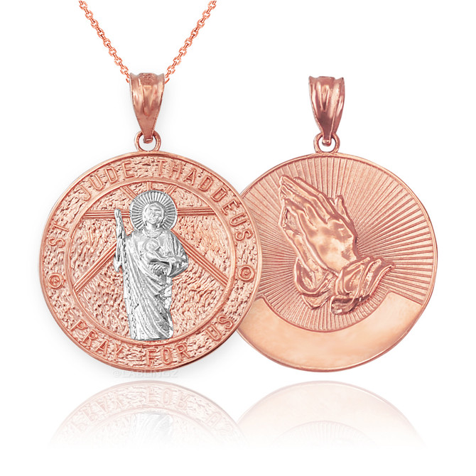 Two-Tone Rose Gold St. Jude Reversible Pray Medal Pendant Necklace