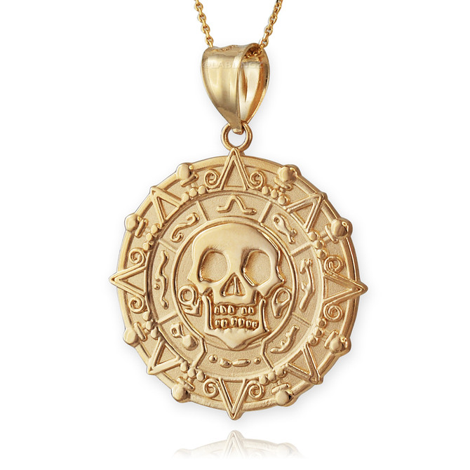 Gold Aztec Coin Caribbean Pirates Skull Pendant Necklace