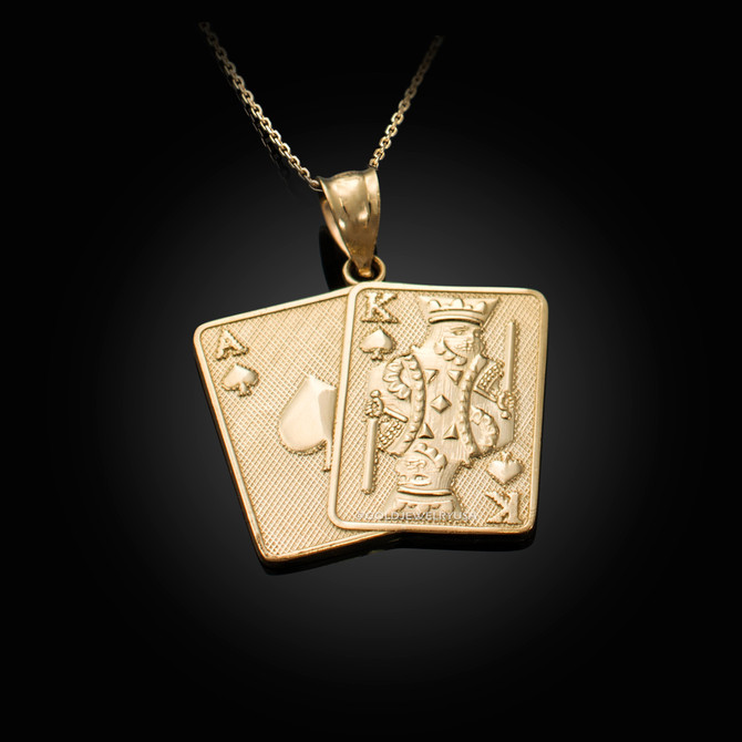 Gold Ace and King of Spades Blackjack 21 Hand Cards Charm Necklace