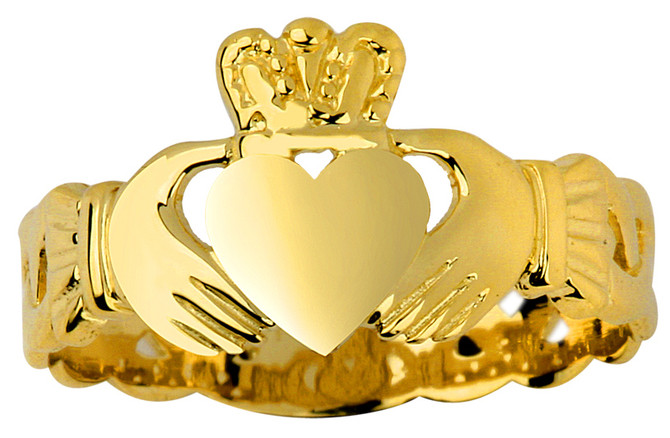 Ladies Gold Claddagh Ring with Celtic Band